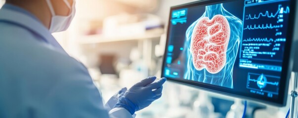 Fototapeta premium Doctor reviewing patient s 3D organ model on holographic screen, sterile lab environment, healthcare analysis, interface