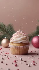 A single cupcake, adorned with a single candle and festive sprinkles, stands as a symbol of holiday cheer, surrounded by Christmas ornaments and a sprig of pine.