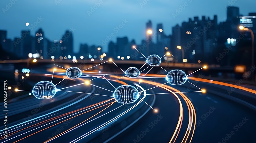 Poster Futuristic digital background featuring a captivating landscape of flowing lines bright light trails and interconnected data hubs