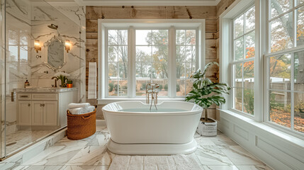 Fototapeta premium Beautiful Luxurious bathroom with a freestanding tub and marble accents