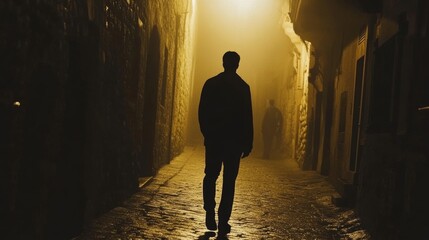 Fototapeta premium Silhouette of a man walking through a misty alley at night, evoking a sense of danger or crime.