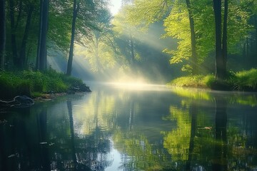 Obraz premium Sunbeams Illuminating a Misty River in a Forest