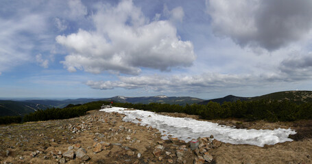 Snow field on mountain ridge panorama