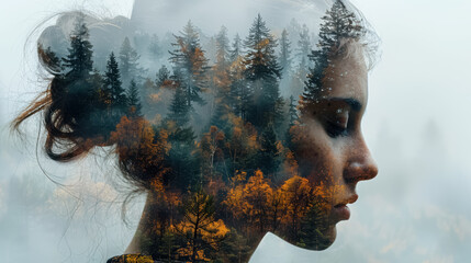Double exposure of a woman's head with forest landscape in the background