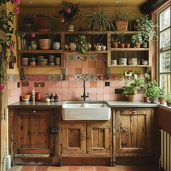 Rustic Kitchen with Open Shelving and Pink Tiled Backsplash - Illustration