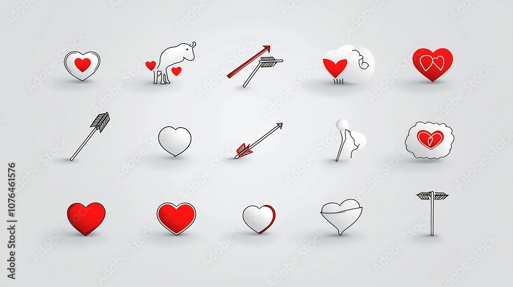 Poster Comprehensive collection of modern and minimalist icons representing love romance and affection including hearts arrows and other symbolic elements  Ideal for use in visual branding for wedding