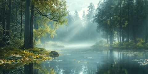 Fototapeta premium Sunbeams Illuminating a Foggy Forest River