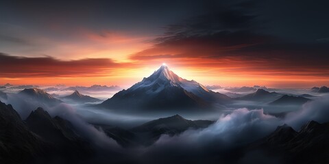 Fototapeta premium Majestic Mountain Peaks Illuminate the Dawn Sky