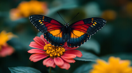 A vibrant butterfly with striking black, red, and yellow wings delicately perched on a blooming flower, showcasing the beauty of nature and the delicate balance of ecosystems, capturing the elegance a