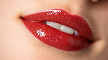 A close-up of glossy red lips with a subtle smile, showcasing vibrant color and healthy shine.