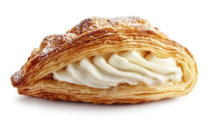 Flaky Pastry with Cream Filling on White Background