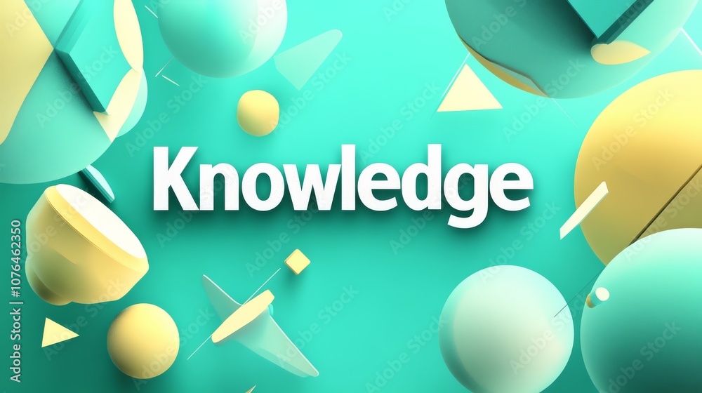 Poster knowledge explosion: abstract 3d shapes in teal and yellow burst around the word 