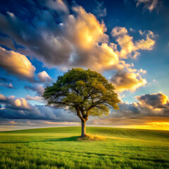 Fototapeta premium lone tree in green field with blue cloudy sky