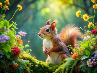 Obraz premium Enchanting Double Exposure of a Cute Squirrel Surrounded by Delicate Small Flowers in a Lush Jungle Setting, Capturing Nature's Beauty and Intricacies in Harmonious Layers