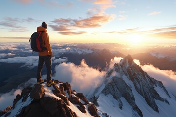 Fototapeta premium Hiker Enjoys Breathtaking Sunrise View from Mountain Peak