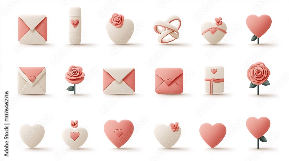 Poster a beautiful collection of icons featuring romantic elements like hearts roses envelopes and intertwi