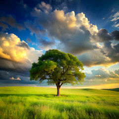 Fototapeta premium lone tree in green field with blue cloudy sky