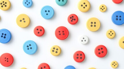 Fototapeta premium Abstract seamless pattern with colorful buttons and icons on a white background, in a flat lay