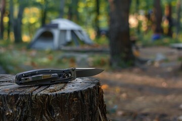 Camping knife on tree stump in woodland campsite