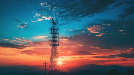 Communication tower silhouetted against vibrant sunset sky with scenic mountain view