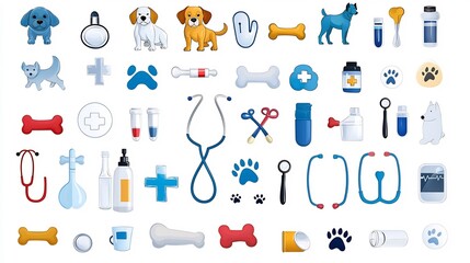 Vibrant icon collection featuring dog paw prints stethoscopes and dog bones perfect for creating visuals around veterinary services pet care and animal healthcare concepts