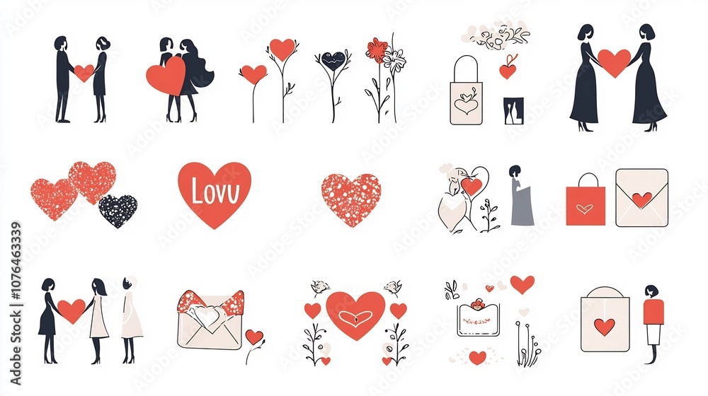 Poster set of elegant icons representing various romantic themes and elements such as couple silhouettes sp