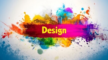 Design Splashes: A vibrant abstract background,  with bold splashes of color forming a banner with the word "Design" in a playful yellow font. The colors are rich and saturated, suggesting creativity.