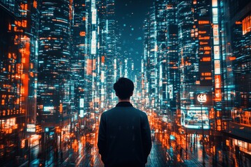 Futuristic urban skyline at night with neon lights and a contemplative figure
