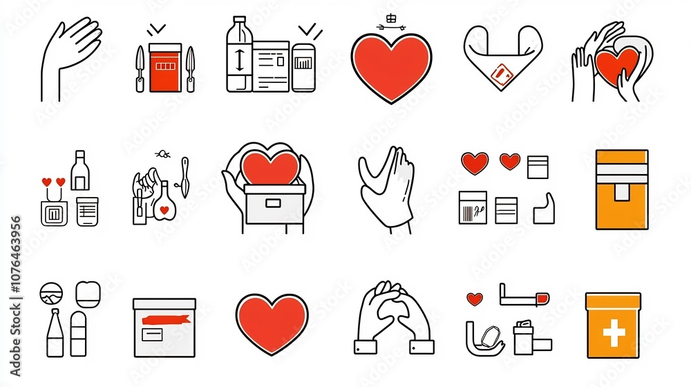 Aufkleber collection of icons about charity and donation featuring hands holding hearts donation boxes and hel