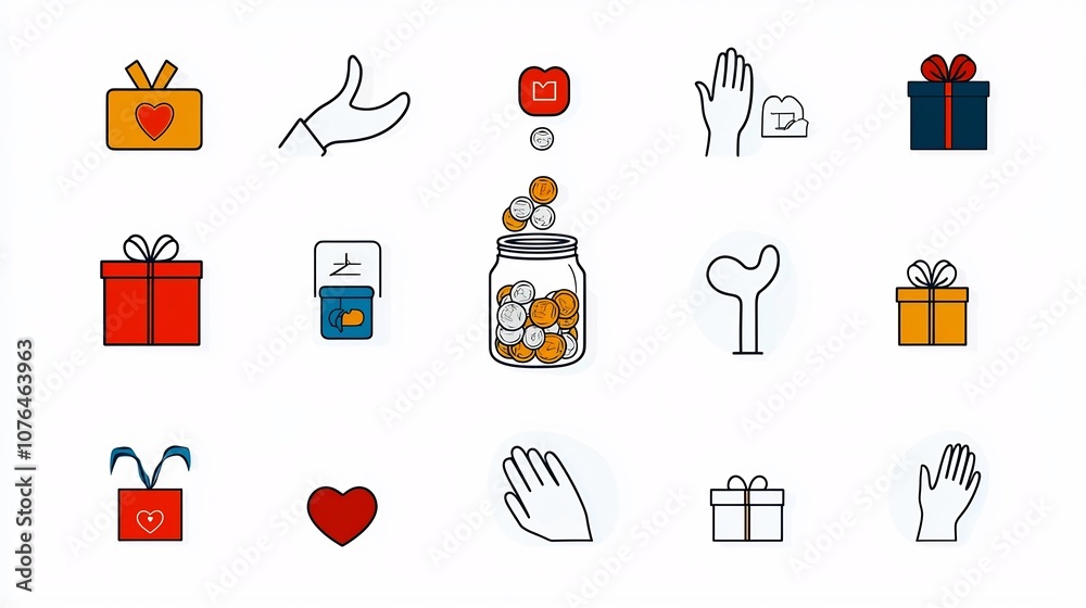 Poster a set of charity and donation icons in symbols such as coins dropping into a donation jar heart shap
