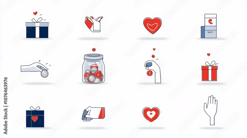 Aufkleber set of charity and donation icons including symbols like coins dropping into a donation jar heart sh