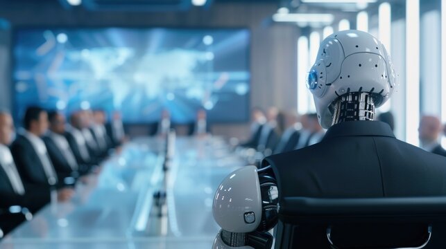 Futuristic AI robot attending high-tech business meeting in modern conference room