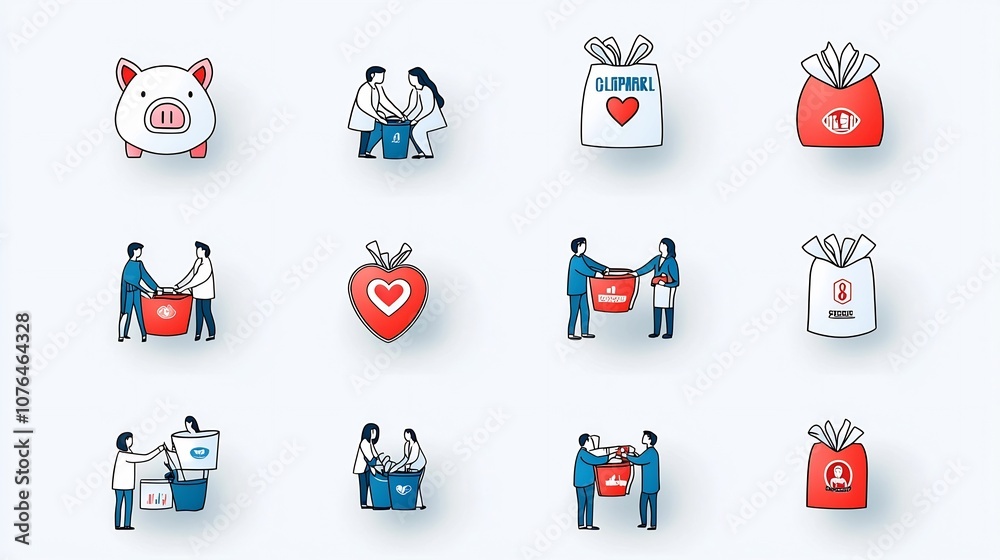 Poster charity icon collection in format featuring items like a piggy bank with a heart people assisting on