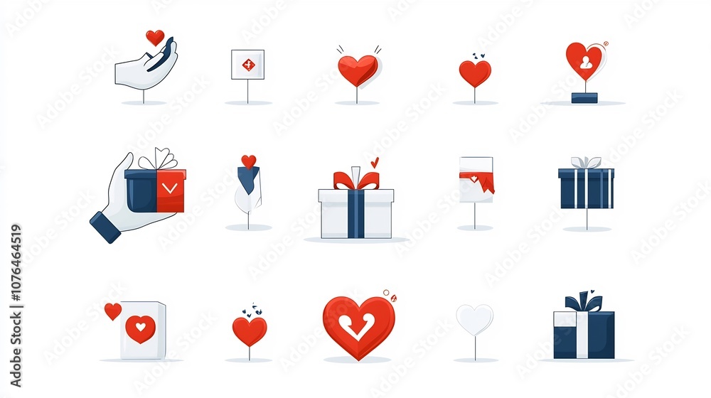 Aufkleber A set of icons in a clean minimalist geometric style representing charitable giving donation and altruistic gestures like a heart in hand gift donations and supportive actions