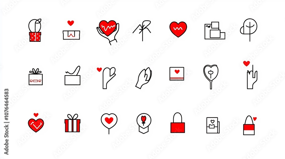 Poster set of charitable giving icons and symbols including a hand holding a heart gift donations and other supportive gestures designed in a clean and minimalist style