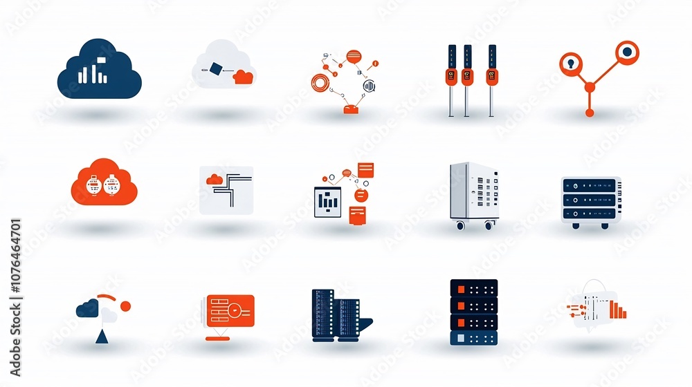 Fototapete A set of icons symbolizing the key elements and concepts of cloud computing and network hosting technologies including data clouds servers connection nodes and other related infrastructure