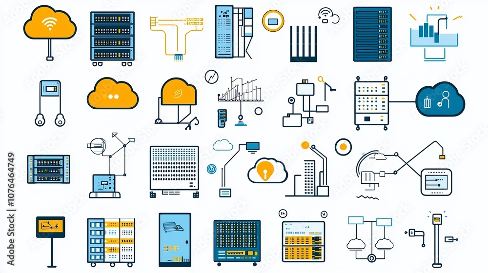 Poster Comprehensive Icons Set Featuring Servers Cloud Storage Data Networks and Other Digital Technology Elements for IT Hosting and Computing Themes