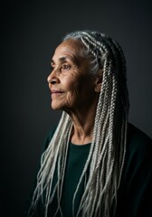 Fototapeta premium Elderly woman with beautiful white braids, gazing into the distance with a serene expression, framed in soft lighting that emphasizes her natural beauty against a dark background.