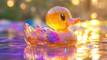 A Crystallized Rubber Duck Floating in a Shimmering Liquid
