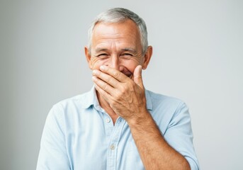 Fototapeta premium Senior man with visible age lines, smiling warmly with a hand over his mouth, capturing a private, light-hearted moment of happiness.
