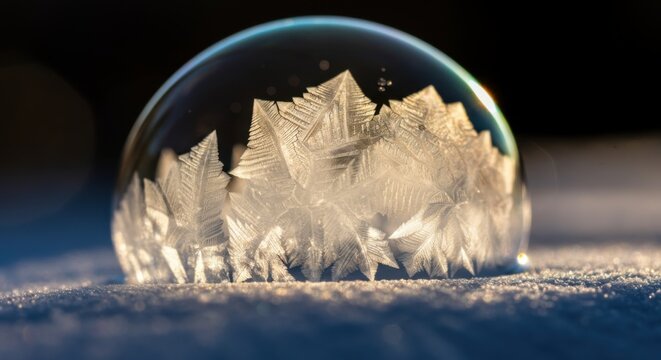 Close-up of frozen soap bubble with intricate ice crystals on snowy surface