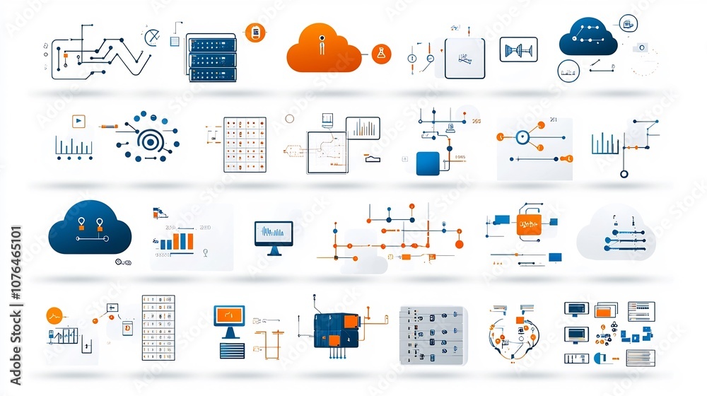 Poster Comprehensive icon set depicting essential elements of cloud based storage data transfer and digital connectivity infrastructure  Suitable for technology IT and business applications