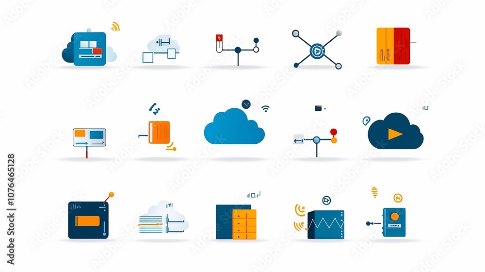 Poster Comprehensive Icon Collection Showcasing Secure Cloud Storage Data Transfer and Network Connectivity Elements for Digital Infrastructure and IT Services