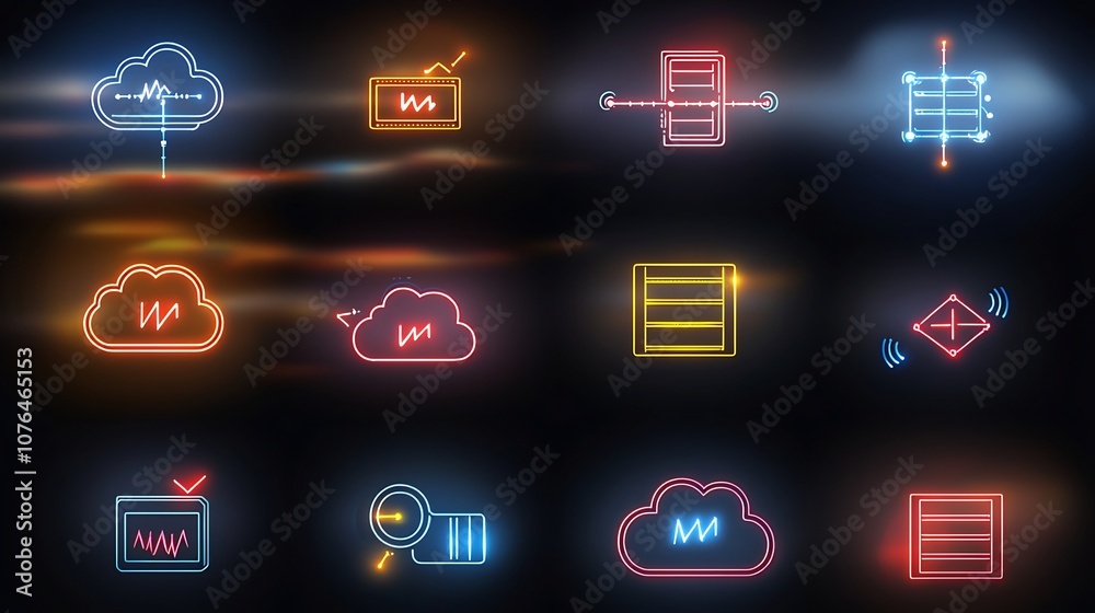 Leinwandbilder Comprehensive icon set representing various elements of cloud storage hosting and digital connectivity services including secure cloud data transfer network links and other technology focused symbols