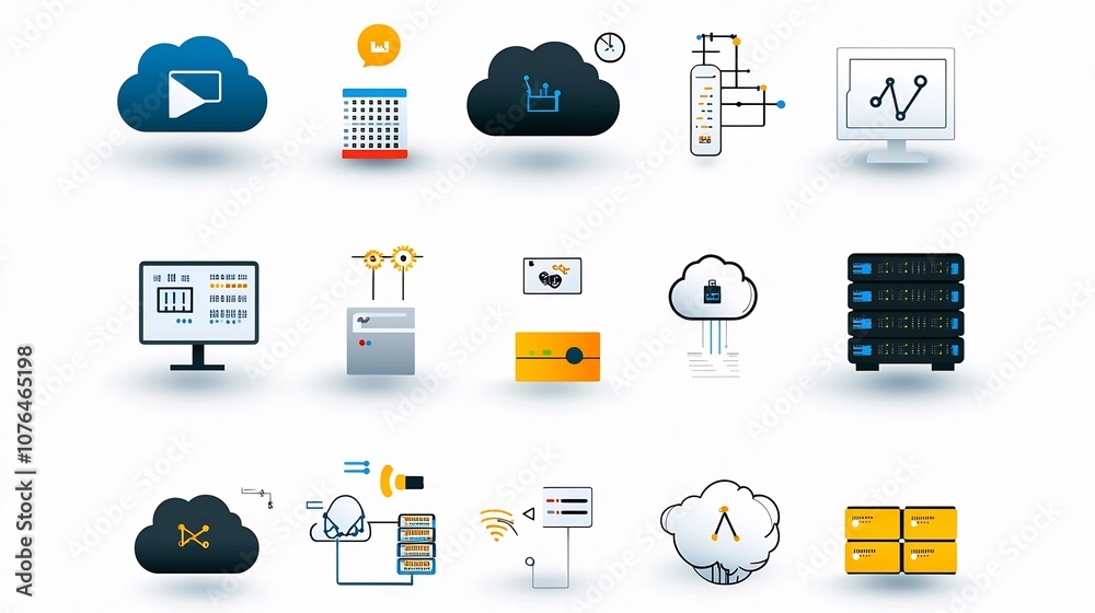 Fototapete Clean Style Icons Representing Elements of Cloud Computing Networks Including Cloud Storage Encrypted Data and Server Connections for Digital Technology and Information Infrastructure