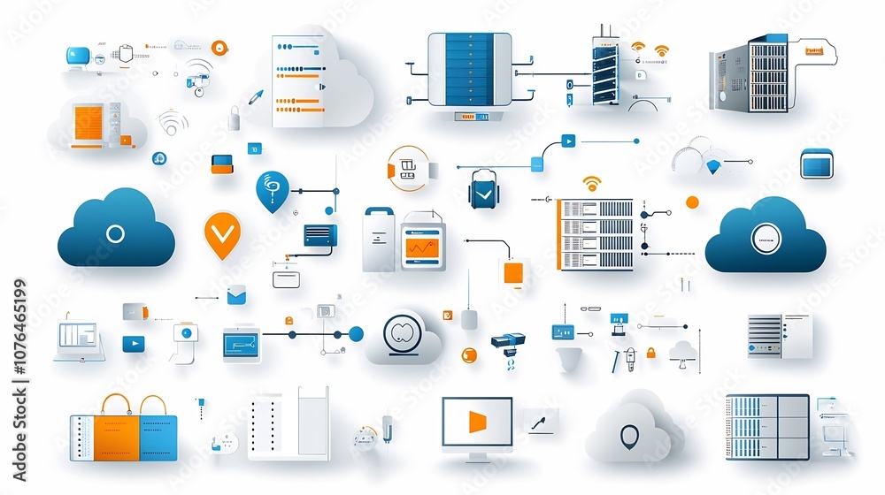 Poster Collection of clean and modern icons representing various elements of cloud computing networks including cloud storage encrypted data server connections and other technology infrastructure