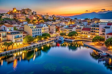 Obraz premium Enchanting Night Cityscape of Aghios Nikolaos, Eastern Crete, Greece with Illuminated Streets and Reflections on the Water
