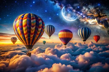 Fototapeta premium Enchanting Night Ballooning Adventure Above the Clouds: Experience the Unforgettable Freedom of Soaring in the Starlit Sky with Colorful Hot Air Balloons