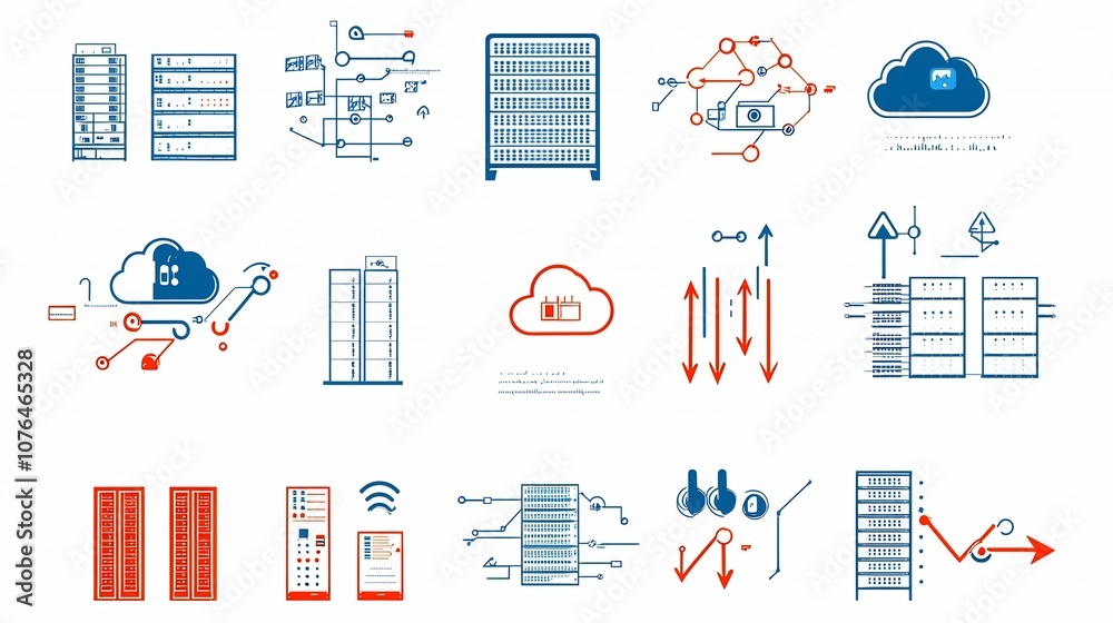 Leinwandbilder Comprehensive set of icons representing various hosting and cloud storage concepts including server racks cloud links and data downloadupload arrows