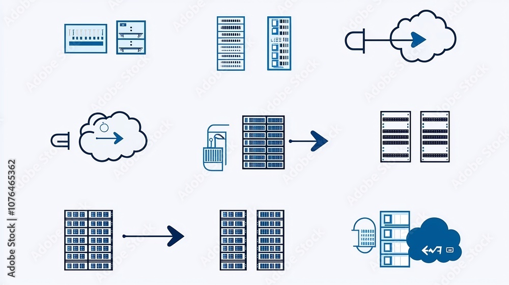 Aufkleber Hosting and Cloud Storage Icons Representing Server Racks Cloud Links Data Download and Upload Arrows Illustrating Technology and Digital Infrastructure Concepts